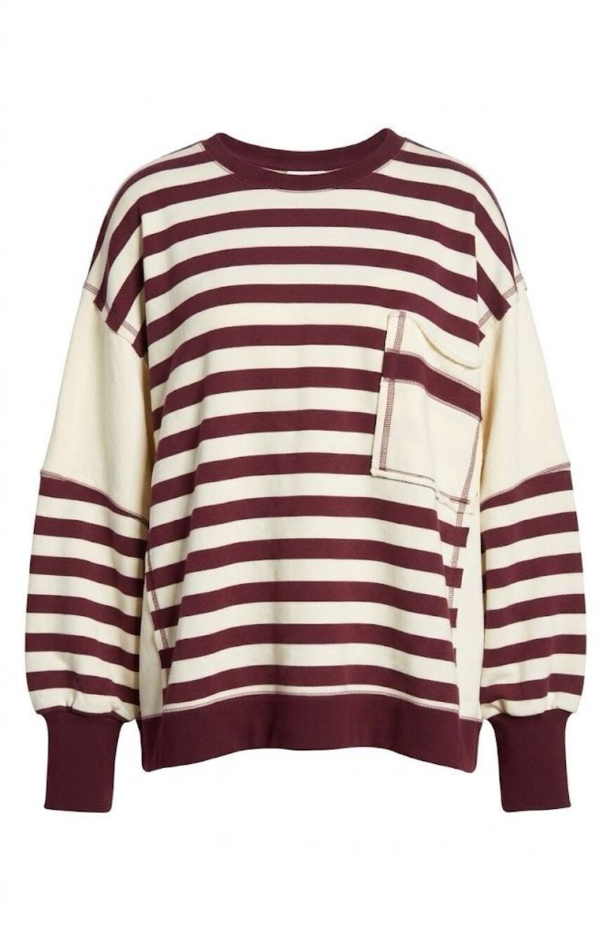 #2052. Peach Love Burgundy/Ivory Oversized Regency Stripe Monochrome Sweatshirt